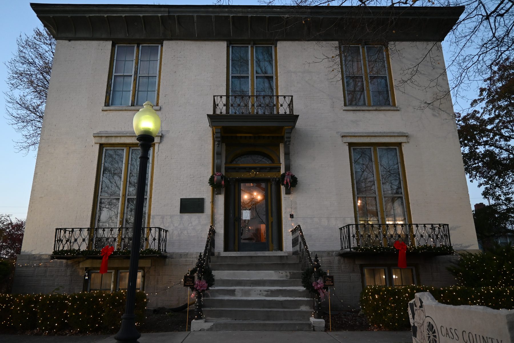 The Long Home Museum, an 1853 Italianate residence, at dusk